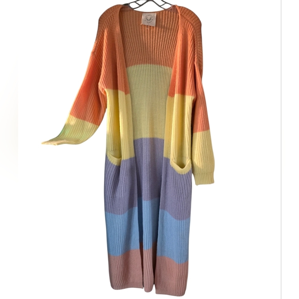 Fantastic Fawn Pastels Colorblock Knit Long Cardigan Duster Size Small